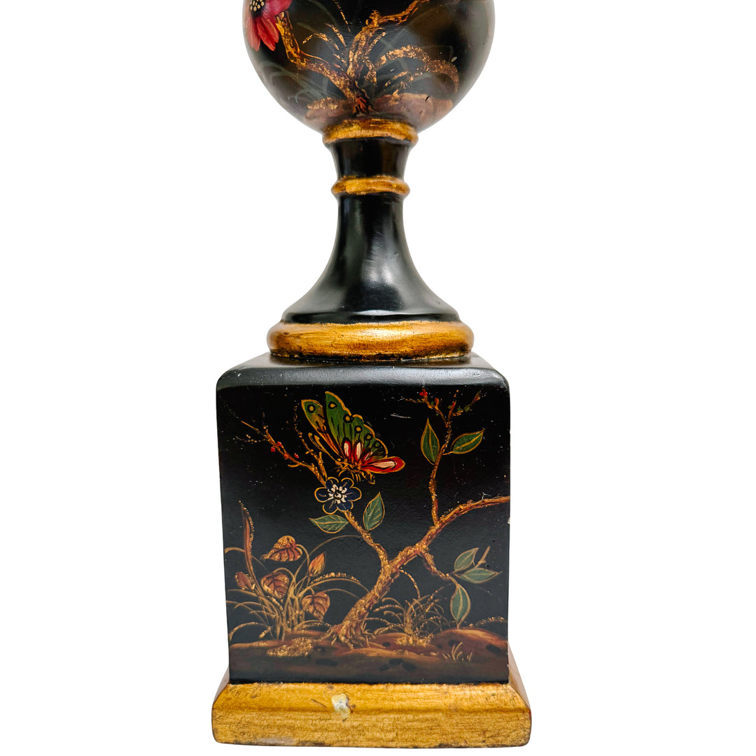 Hollywood Regency Chinoiserie Black Lacquer Hand-Painted Vases
