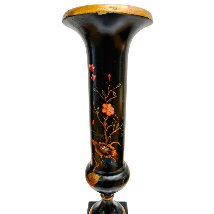 Hollywood Regency Chinoiserie Black Lacquer Hand-Painted Vases