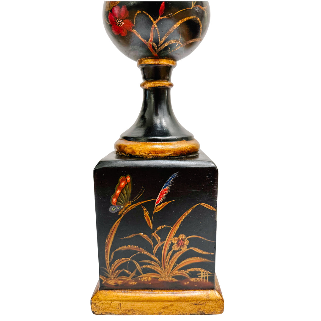 Hollywood Regency Chinoiserie Black Lacquer Hand-Painted Vases