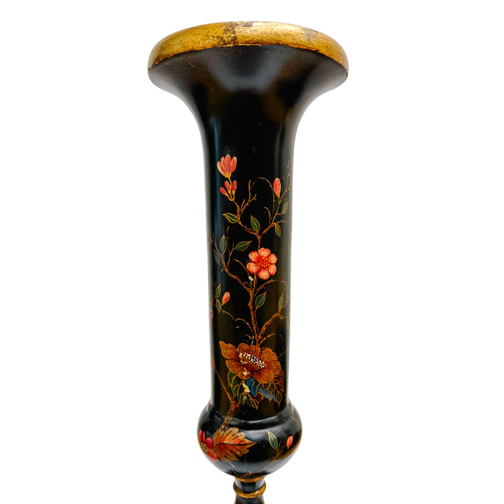 Hollywood Regency Chinoiserie Black Lacquer Hand-Painted Vases