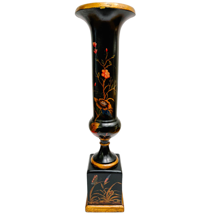 Hollywood Regency Chinoiserie Black Lacquer Hand-Painted Vases