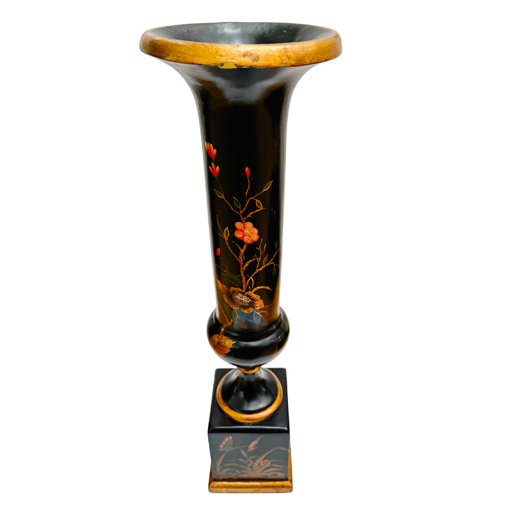 Hollywood Regency Chinoiserie Black Lacquer Hand-Painted Vases