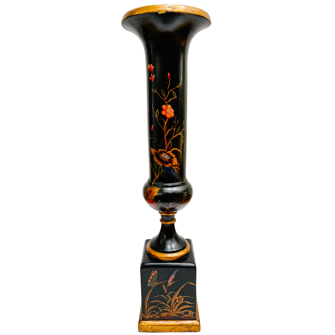 Hollywood Regency Chinoiserie Black Lacquer Hand-Painted Vases