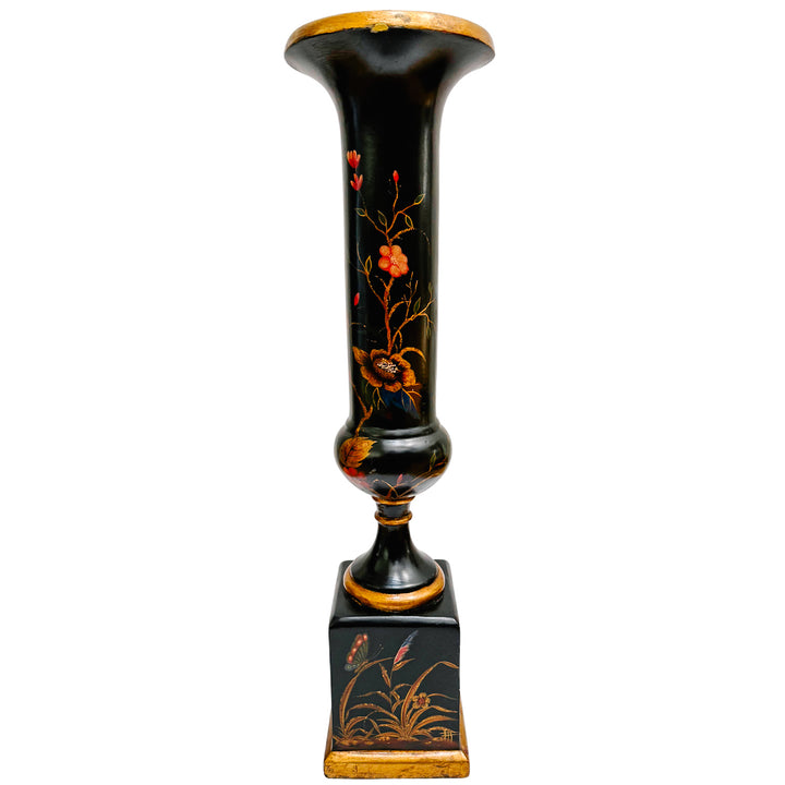 Hollywood Regency Chinoiserie Black Lacquer Hand-Painted Vases