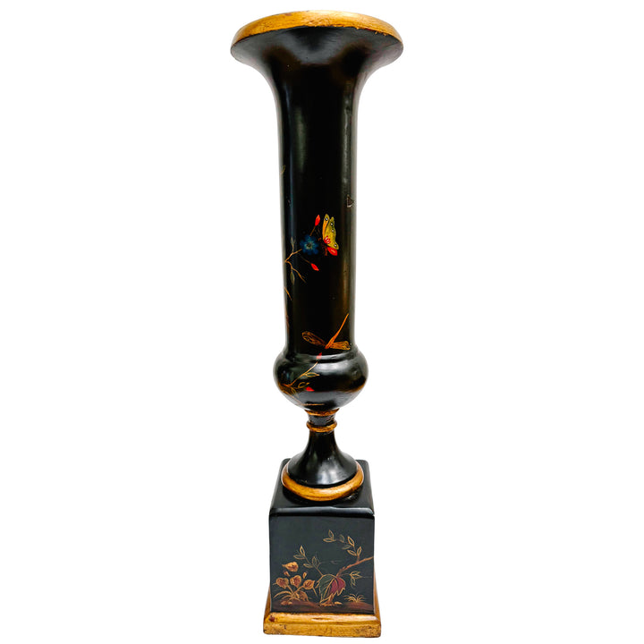 Hollywood Regency Chinoiserie Black Lacquer Hand-Painted Vases