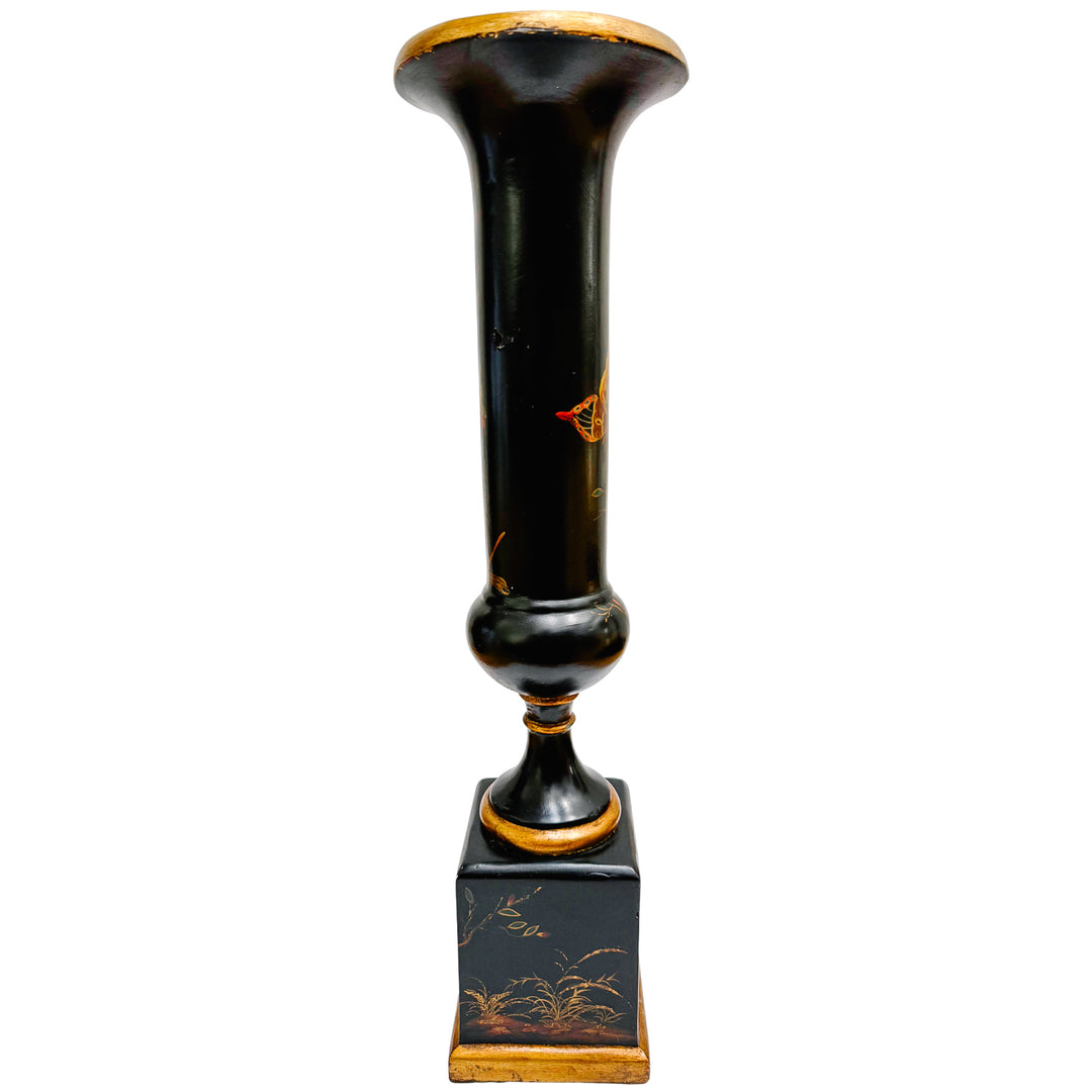 Hollywood Regency Chinoiserie Black Lacquer Hand-Painted Vases