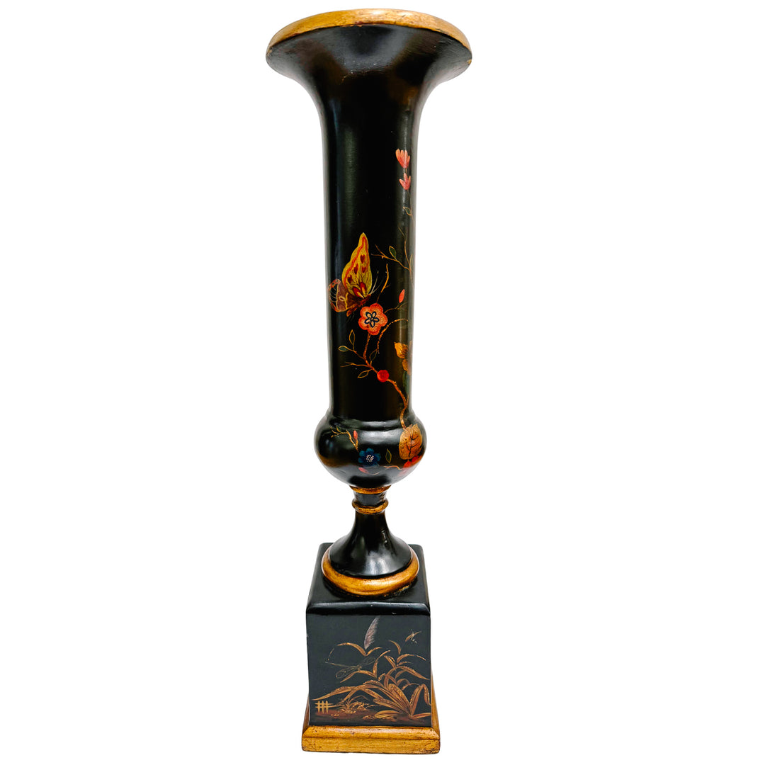 Hollywood Regency Chinoiserie Black Lacquer Hand-Painted Vases