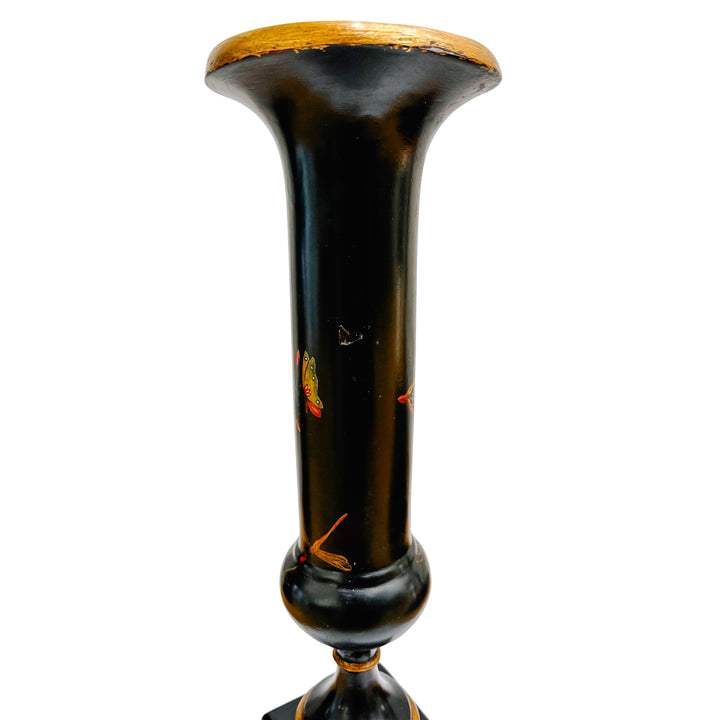 Hollywood Regency Chinoiserie Black Lacquer Hand-Painted Vases