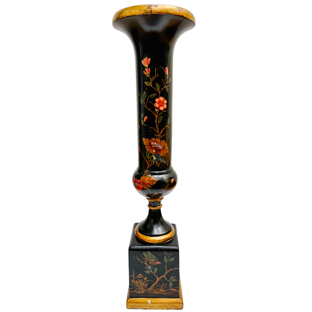 Hollywood Regency Chinoiserie Black Lacquer Hand-Painted Vases