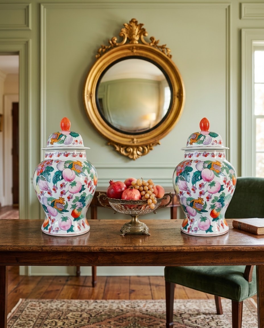 Pair of Vintage Chinese Export Porcelain Fruit Motif Temple Jars