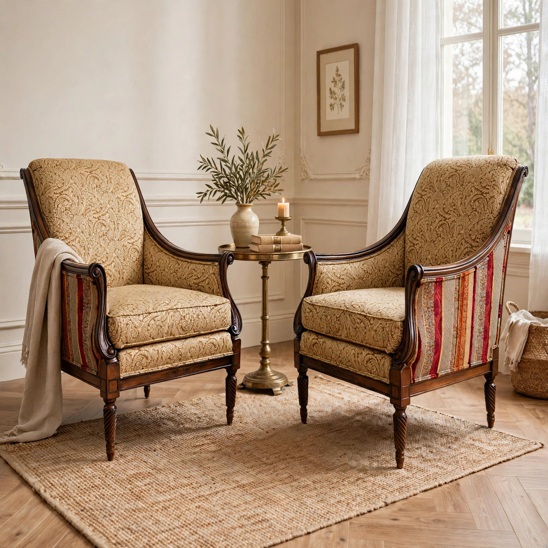 Pair of Drexel Heritage Neoclassical Bergère Chairs in Antique Cherry & Custom Upholstery