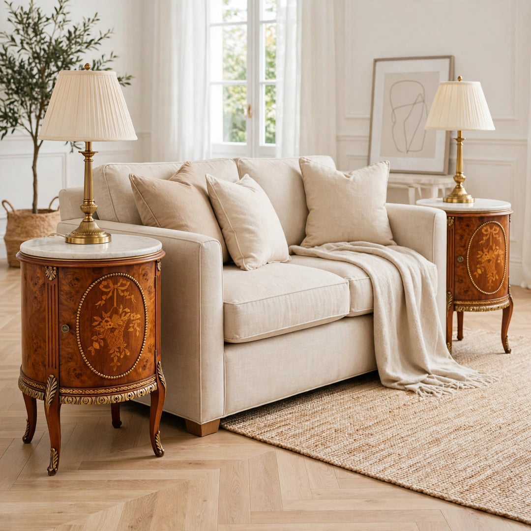 Mid-Century Louis XVI Style Round Gueridon Commode Tables With Carrara Marble & Floral Marquetry