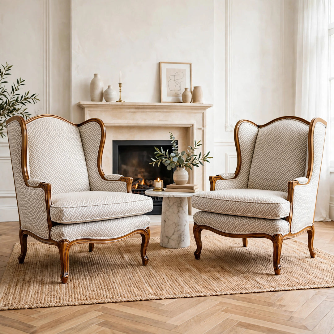 French Provincial Wingback Chairs With Geometric Upholstery Attr. To Baker Furniture