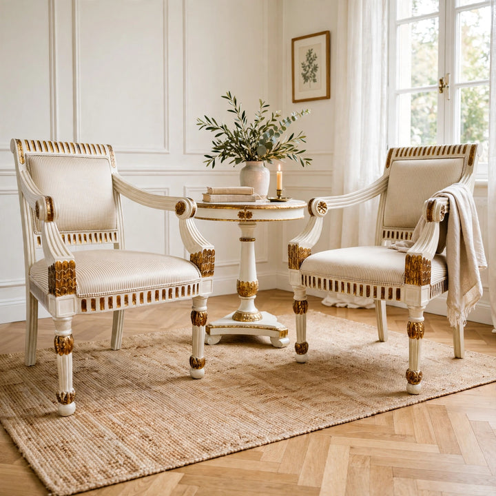 Vintage Italian Neoclassical Gilt & Painted Armchair Fauteuils With Rosette Carvings - A Pair