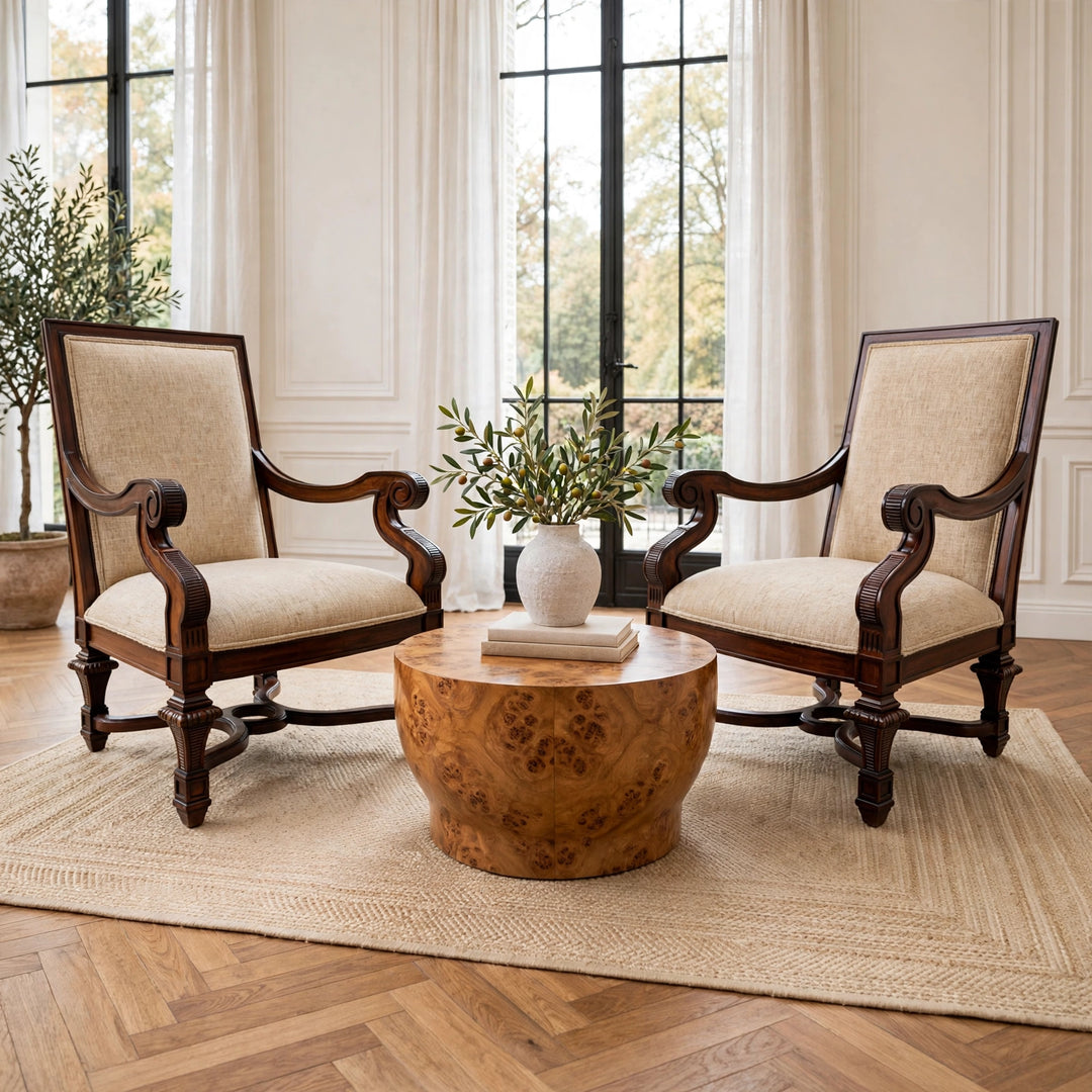 Hand-Carved Mahogany Upholstered Arm Chairs With Rolled Arms