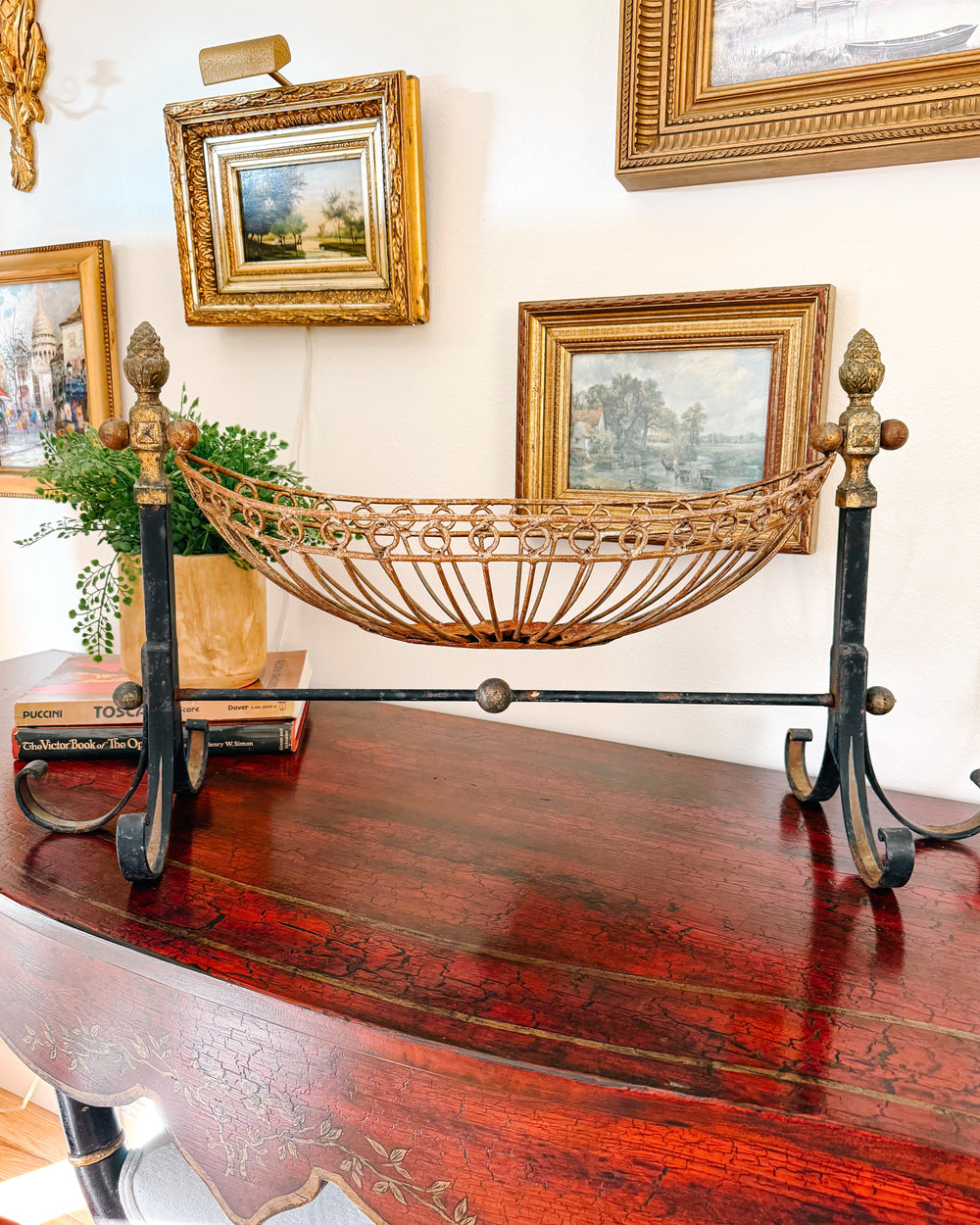 Antique French Wrought Iron Pinecone Swinging Kindling Log Holder