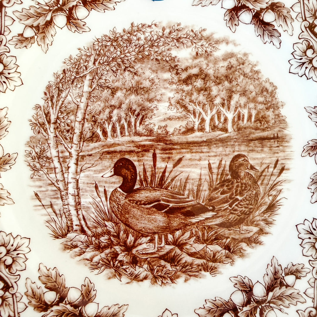 Royal Stafford English Brown Transferware Ducks & Acorns Thanksgiving Salad Plates, Set of 12