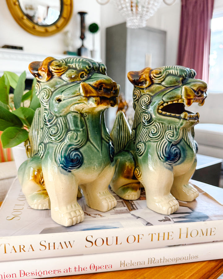 Pair Of Green & Blue Glazed Ceramic Foo Dog Figurines