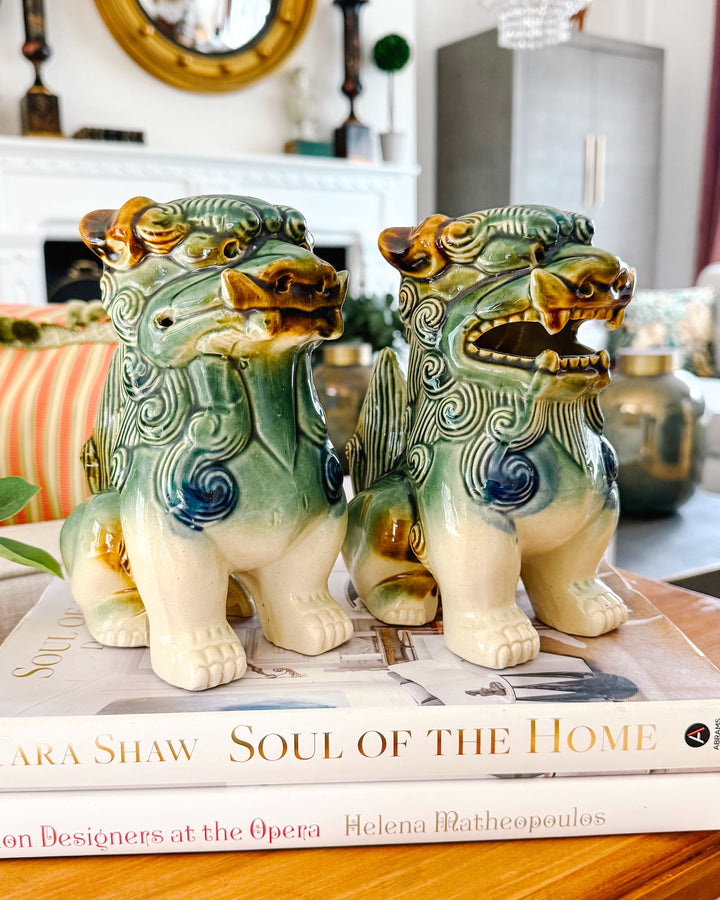 Pair Of Green & Blue Glazed Ceramic Foo Dog Figurines