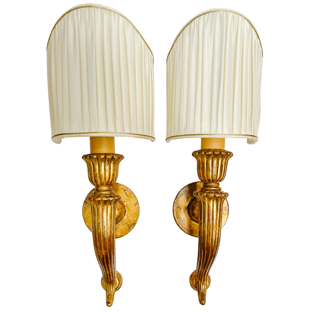 Italian Baroque Giltwood Wall Sconces with Pleated Silk Shades