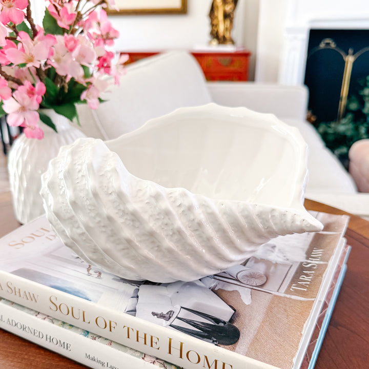 Italian Bassano White Ceramic Conch Shell Bowl – Decorative Planter or Serving Dish