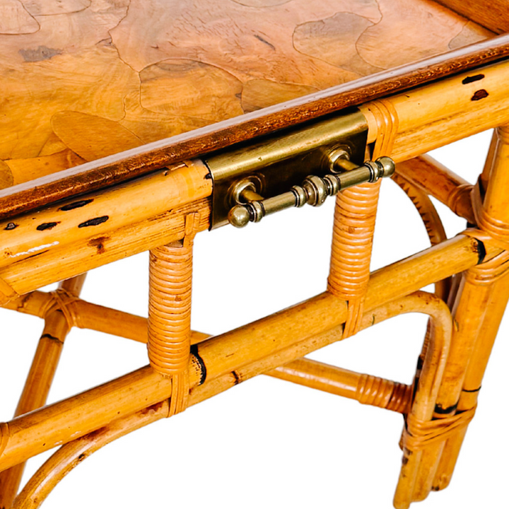 Italian Burnt Bamboo End Table With Brass Handles & Oyster Burl Tray