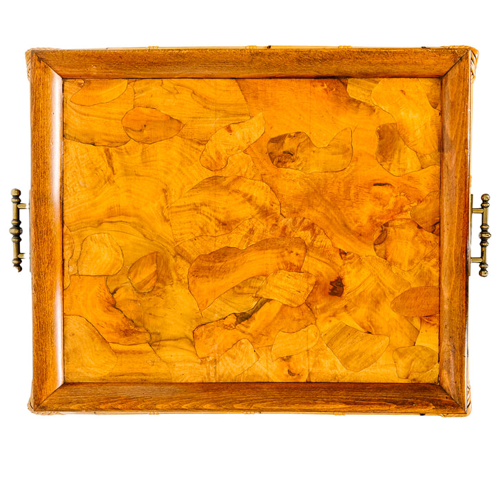 Italian Burnt Bamboo End Table With Brass Handles & Oyster Burl Tray