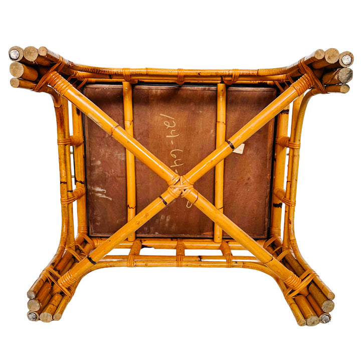 Italian Burnt Bamboo End Table With Brass Handles & Oyster Burl Tray