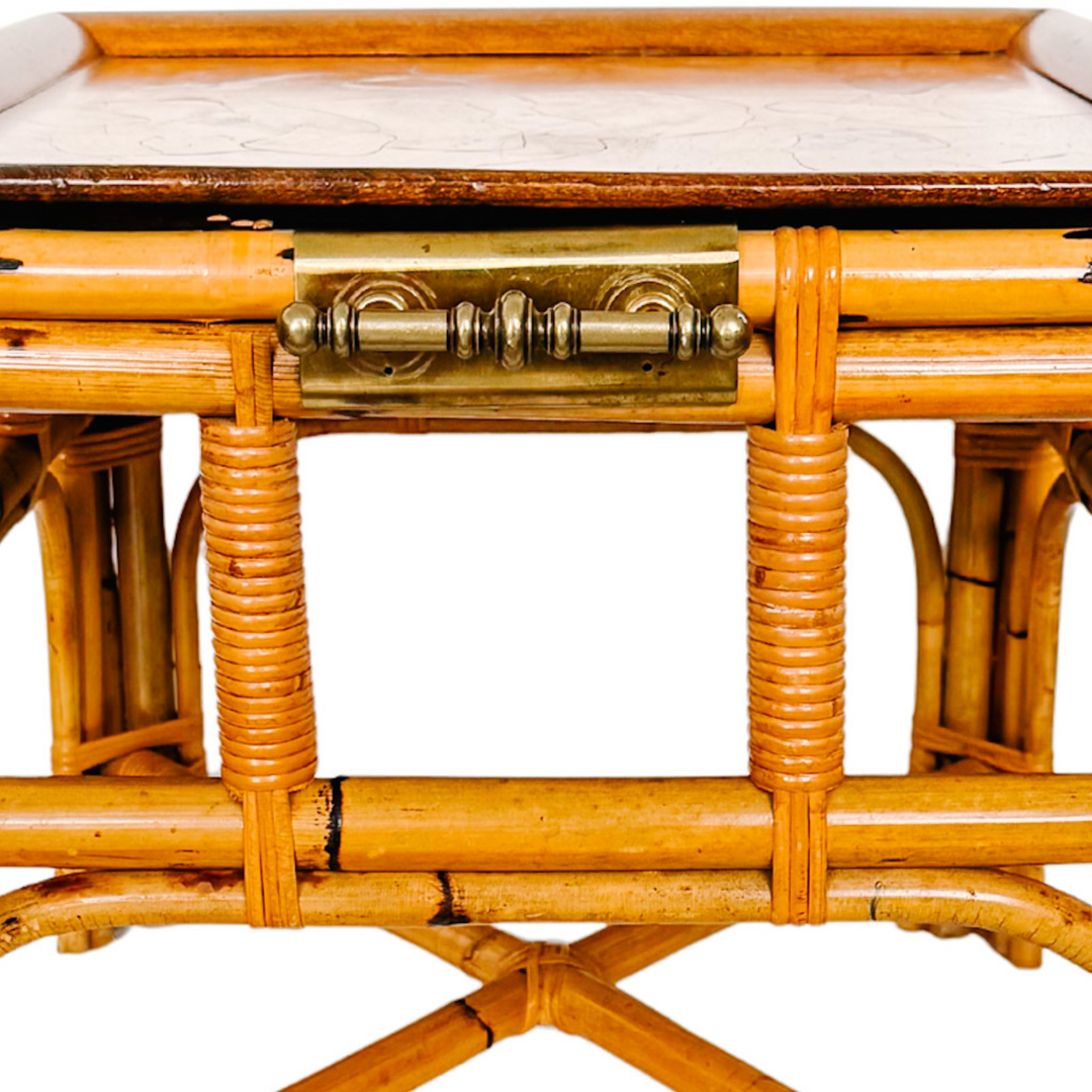 Italian Burnt Bamboo End Table With Brass Handles & Oyster Burl Tray