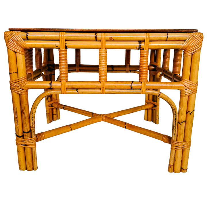 Italian Burnt Bamboo End Table With Brass Handles & Oyster Burl Tray