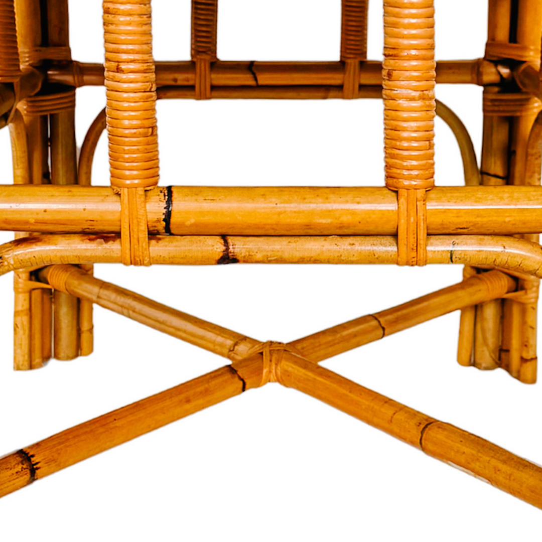 Italian Burnt Bamboo End Table With Brass Handles & Oyster Burl Tray