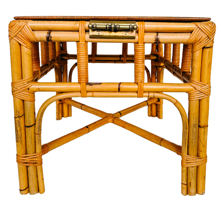 Italian Burnt Bamboo End Table With Brass Handles & Oyster Burl Tray