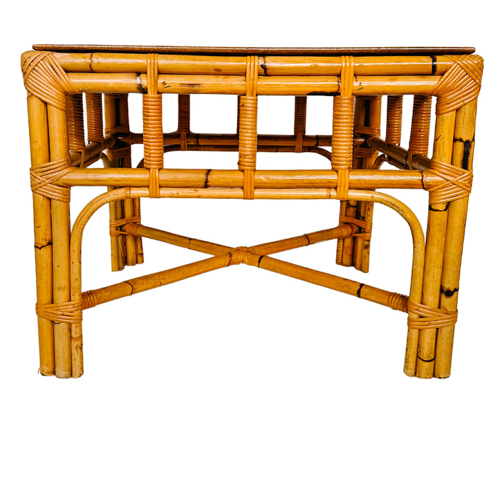 Italian Burnt Bamboo End Table With Brass Handles & Oyster Burl Tray