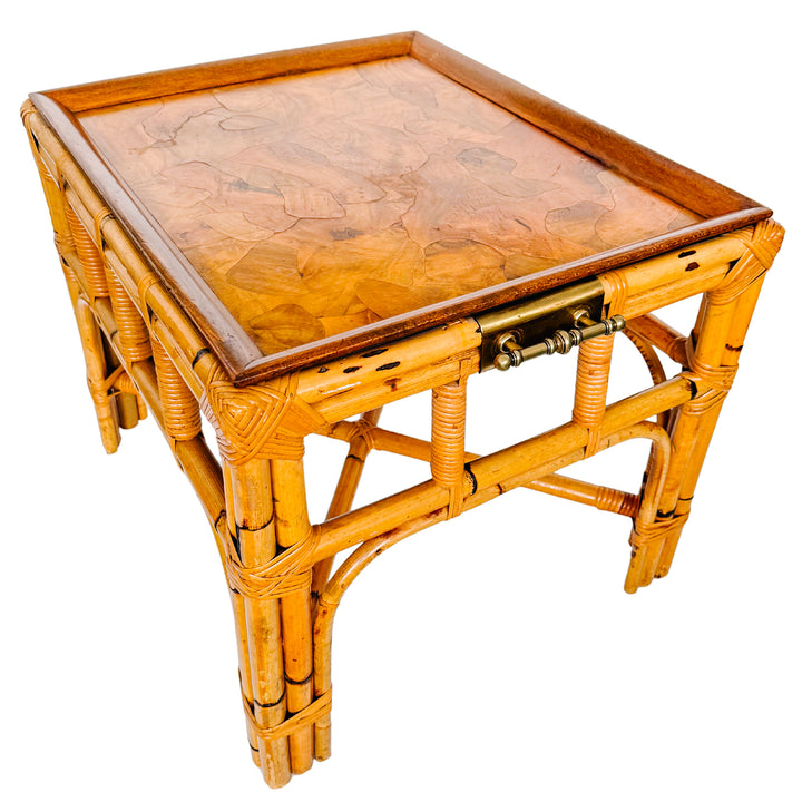 Italian Burnt Bamboo End Table With Brass Handles & Oyster Burl Tray