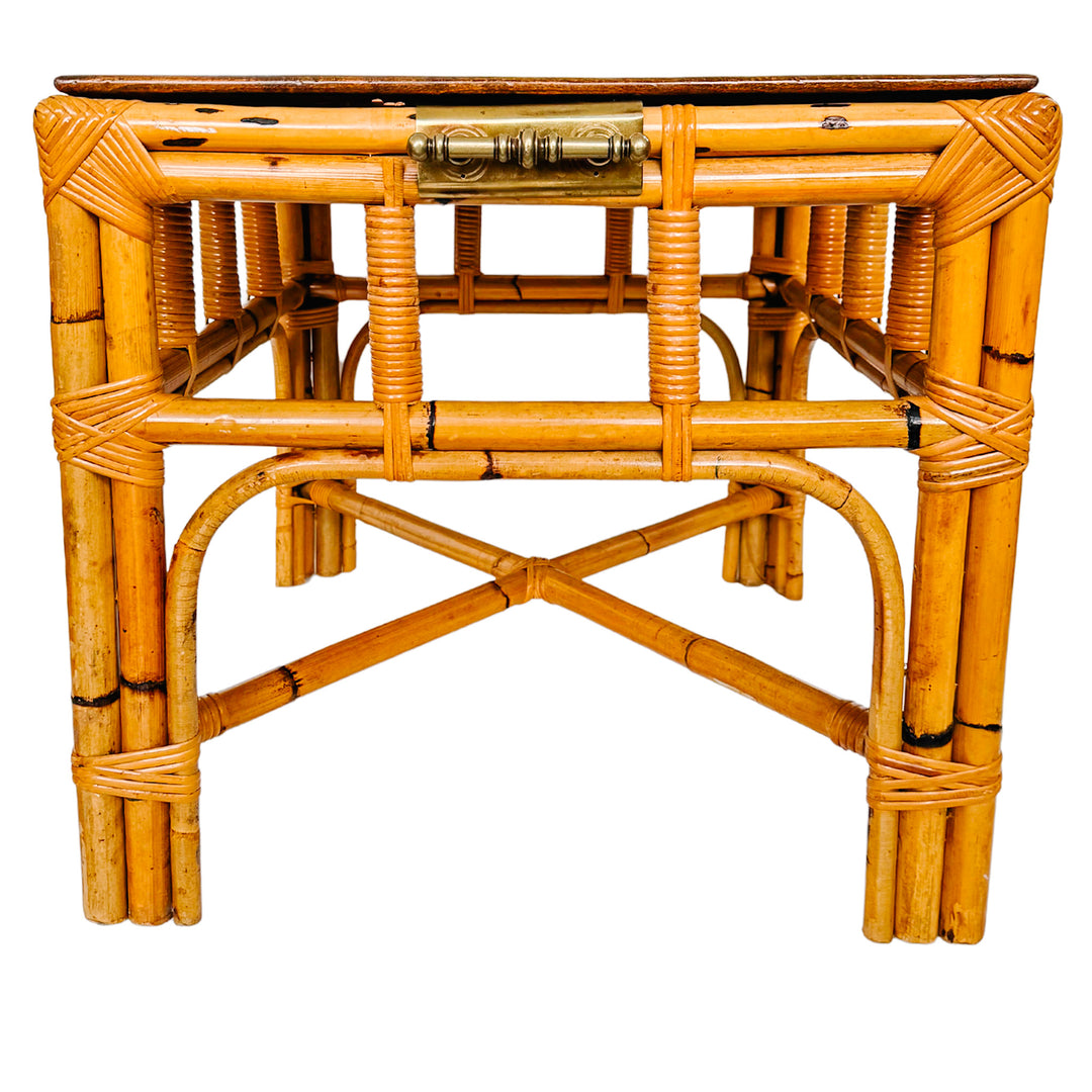 Italian Burnt Bamboo End Table With Brass Handles & Oyster Burl Tray
