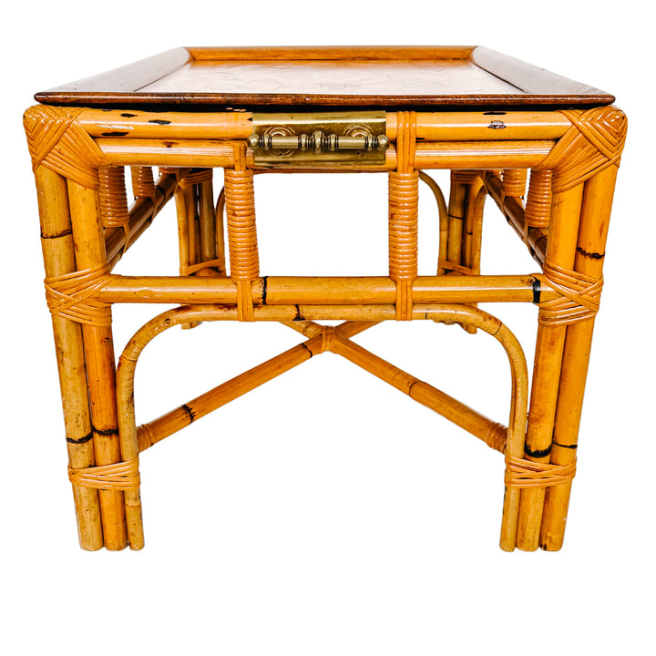Italian Burnt Bamboo End Table With Brass Handles & Oyster Burl Tray