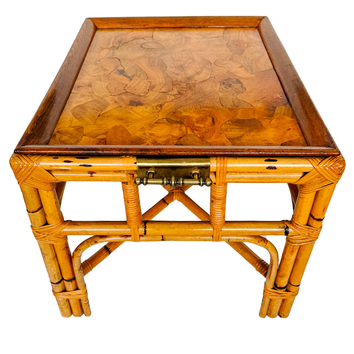 Italian Burnt Bamboo End Table With Brass Handles & Oyster Burl Tray