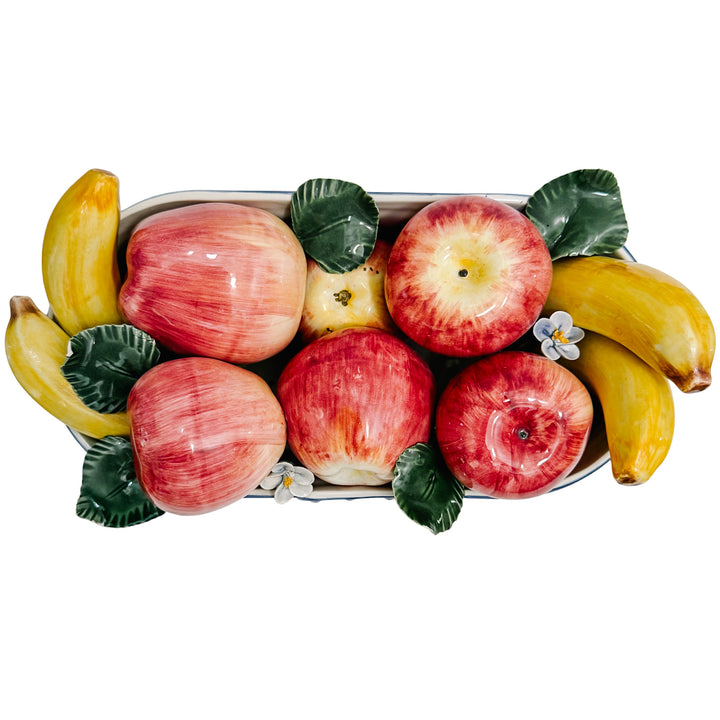 Italian Glazed Ceramic Apples & Bananas Basket Centerpiece