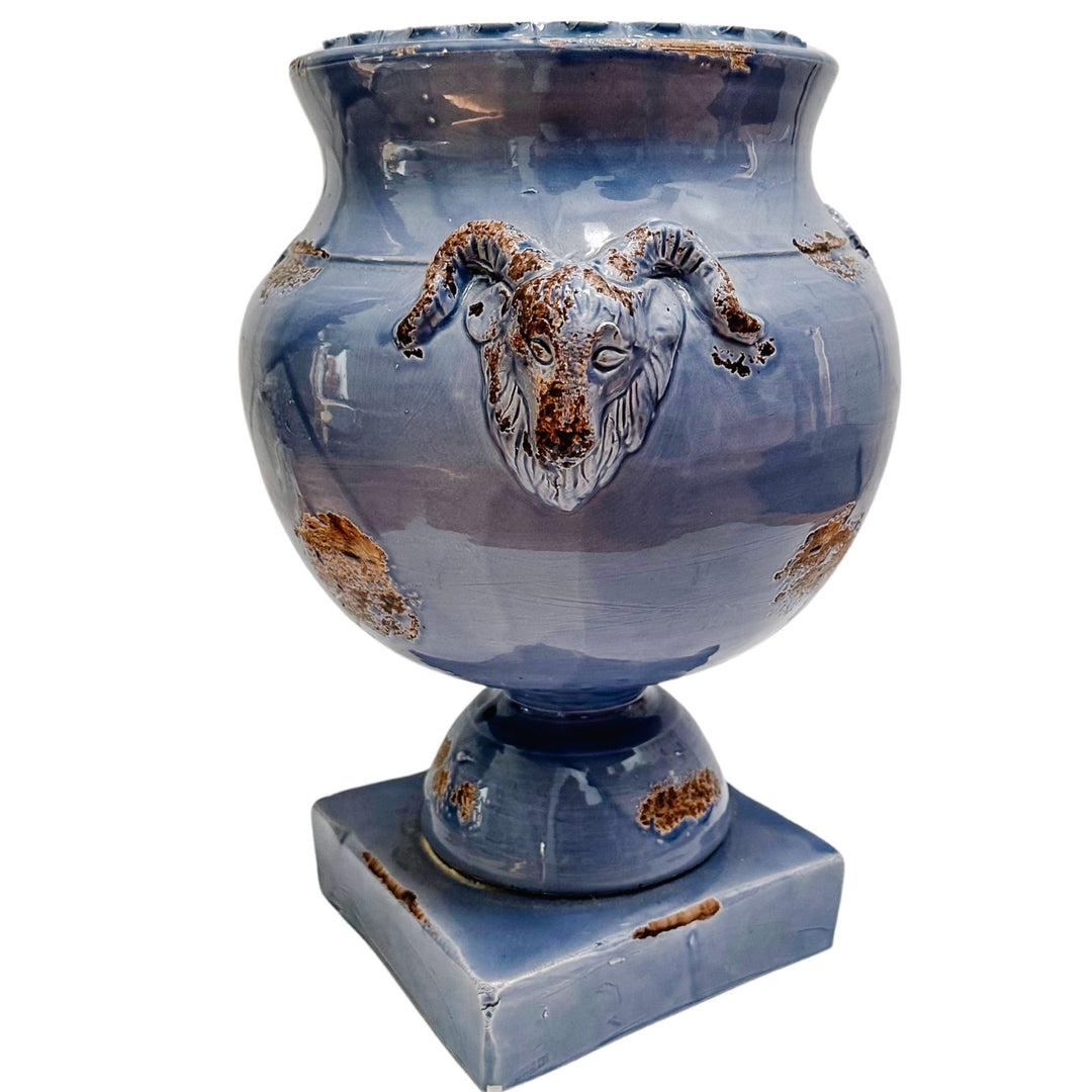 Italian Glazed Pedestal Planter With Ram Heads