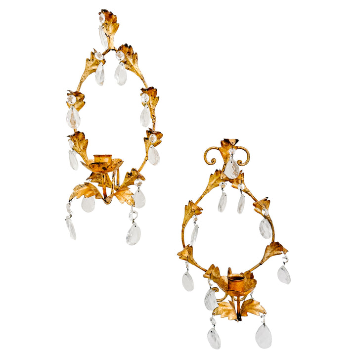1960s Italian Florentine Gold Tole Candlestick Wall Sconces With Teardrop Crystals