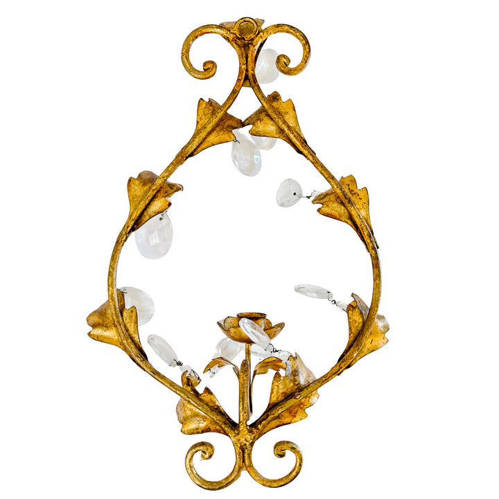 1960s Italian Florentine Gold Tole Candlestick Wall Sconces With Teardrop Crystals