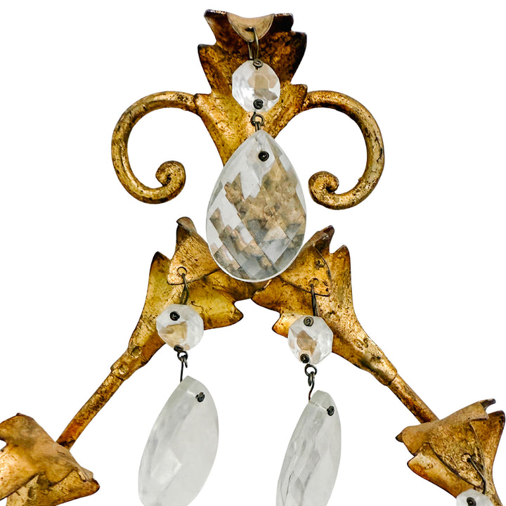 1960s Italian Florentine Gold Tole Candlestick Wall Sconces With Teardrop Crystals