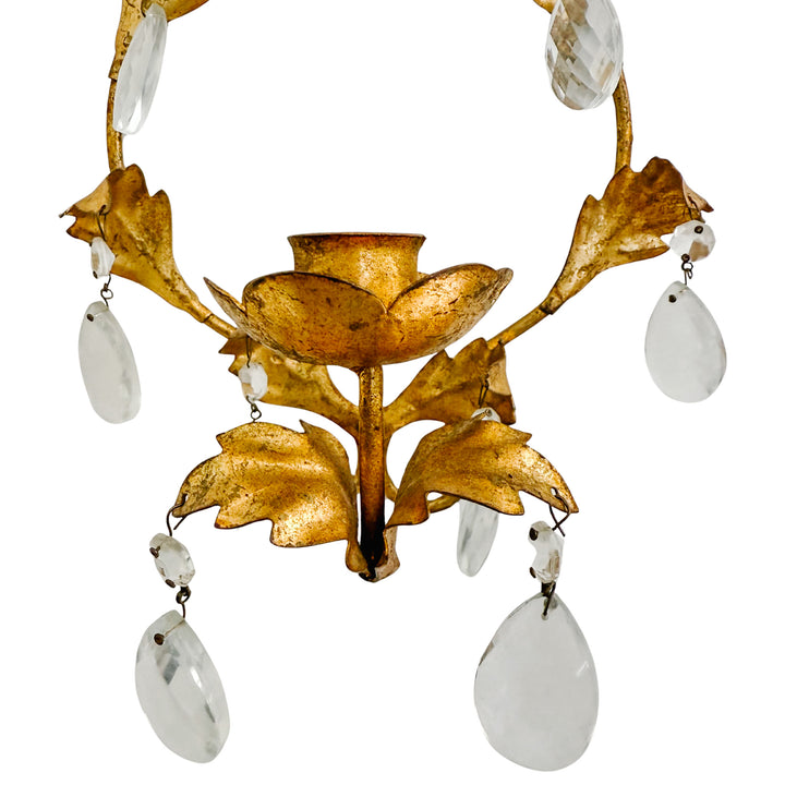 1960s Italian Florentine Gold Tole Candlestick Wall Sconces With Teardrop Crystals