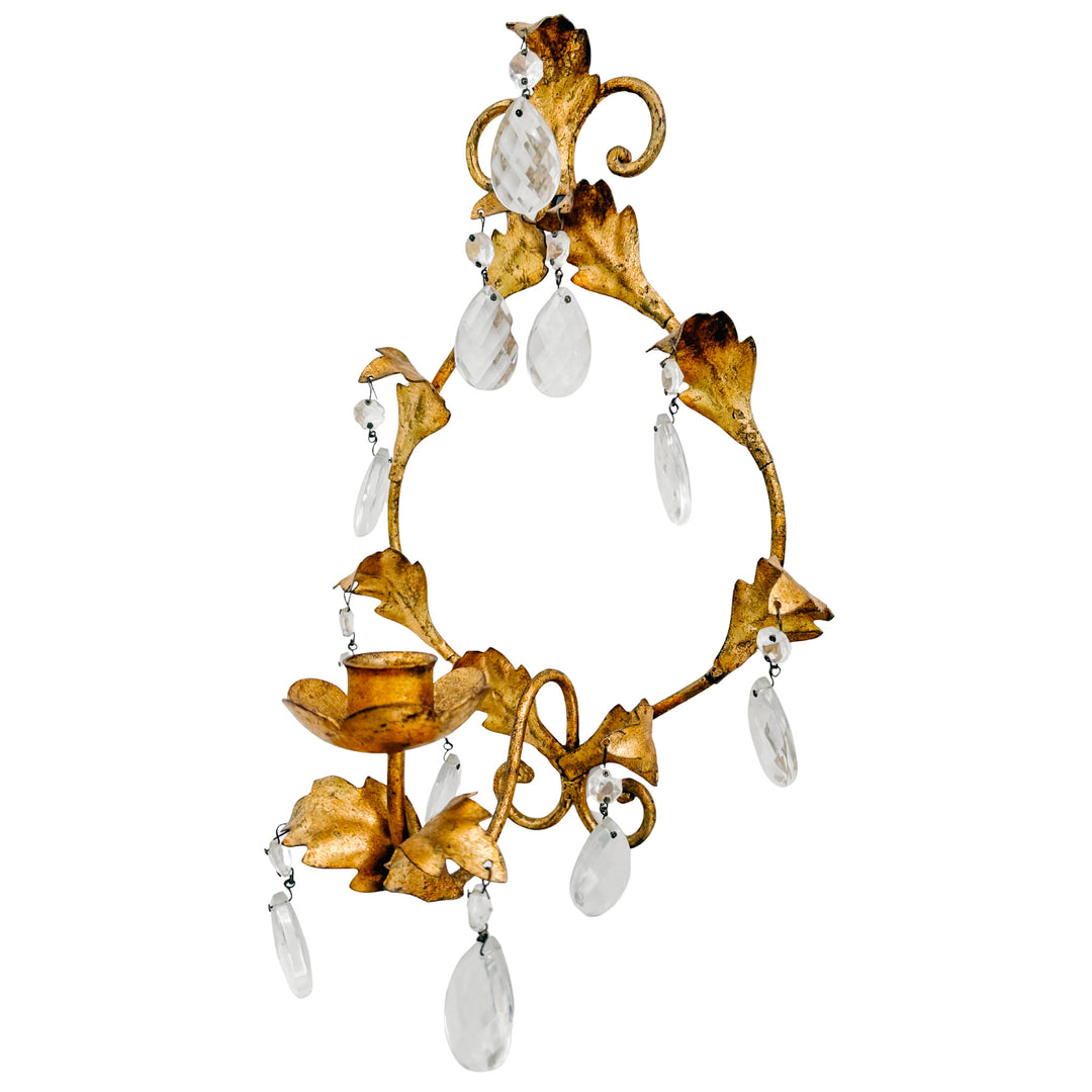 1960s Italian Florentine Gold Tole Candlestick Wall Sconces With Teardrop Crystals