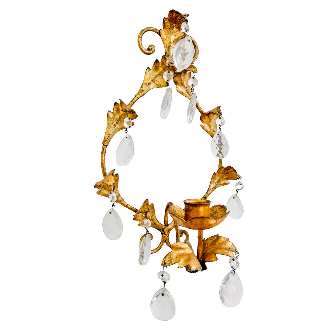 1960s Italian Florentine Gold Tole Candlestick Wall Sconces With Teardrop Crystals