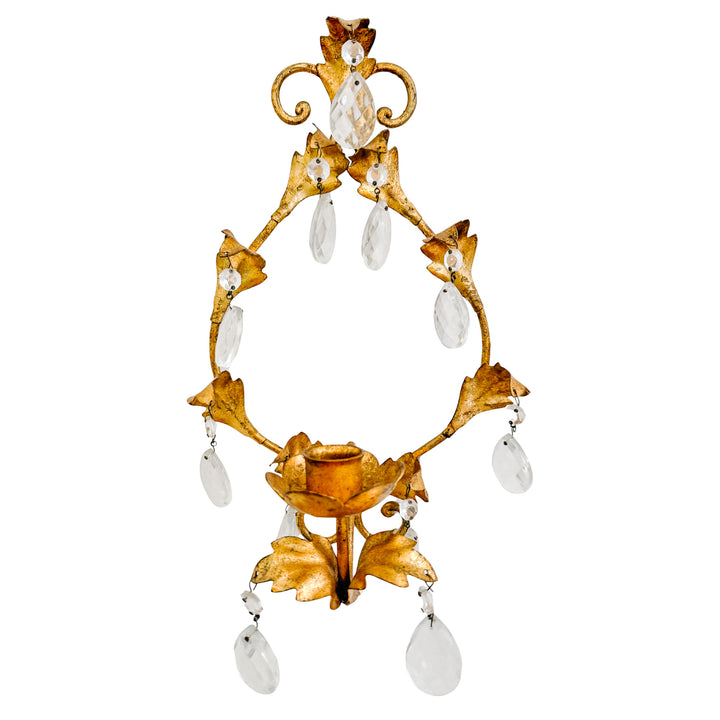 1960s Italian Florentine Gold Tole Candlestick Wall Sconces With Teardrop Crystals
