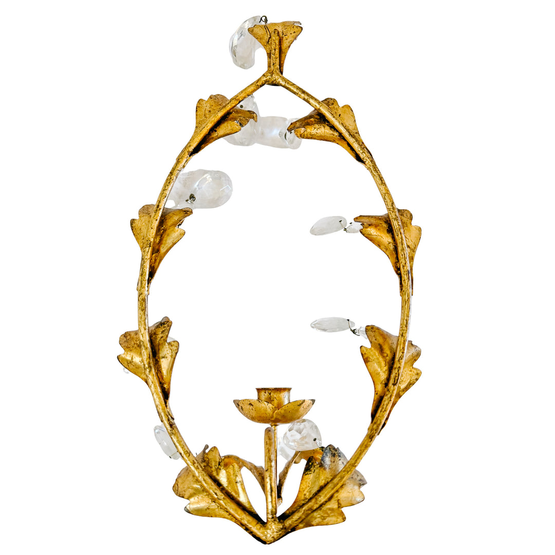 1960s Italian Florentine Gold Tole Candlestick Wall Sconces With Teardrop Crystals
