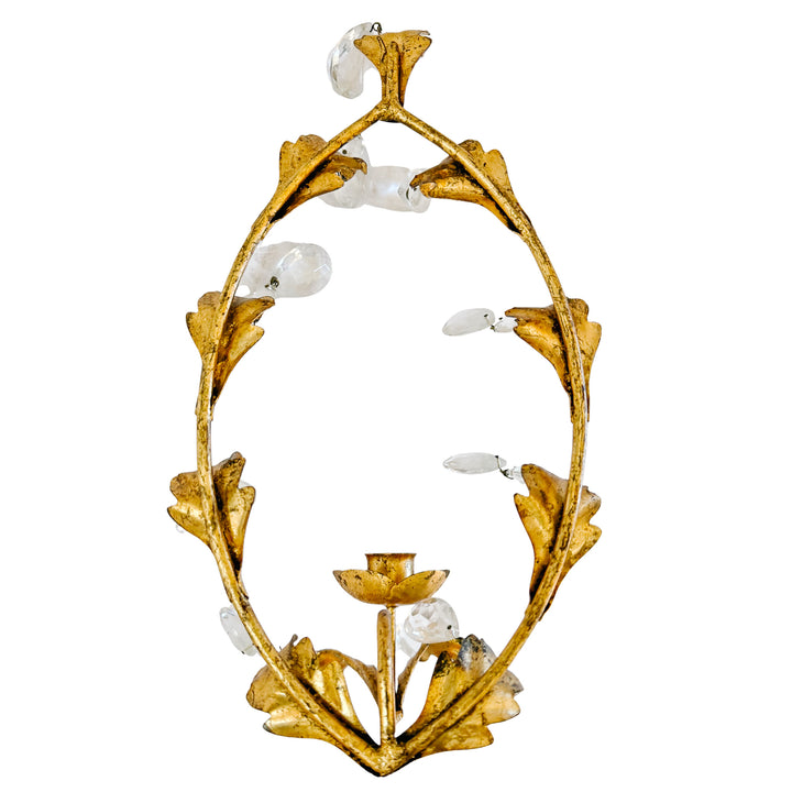 1960s Italian Florentine Gold Tole Candlestick Wall Sconces With Teardrop Crystals