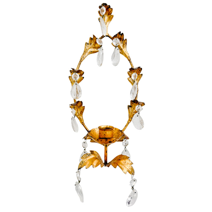 1960s Italian Florentine Gold Tole Candlestick Wall Sconces With Teardrop Crystals