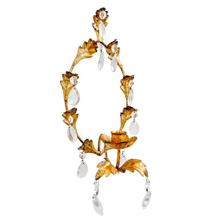 1960s Italian Florentine Gold Tole Candlestick Wall Sconces With Teardrop Crystals